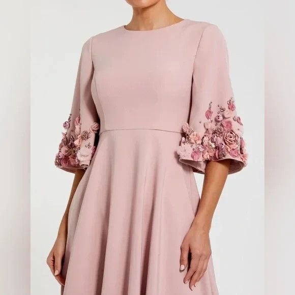 MAC DUGGAL 11854 Pink Crepe 3/4 Sleeve A-line Gown With Flower Trim 12 NWT $798 - Picture 3 of 8